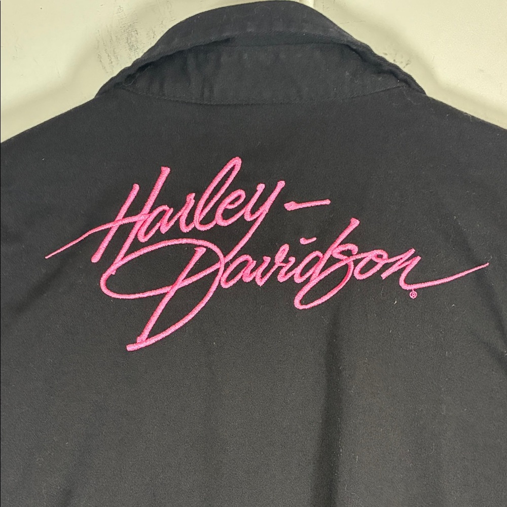 Harley Davidson Black Zip Vest Pink Logo Lace Back Biker Y2k Style Women Xl